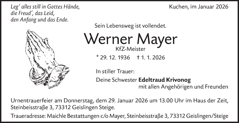  Traueranzeige für Werner Mayer vom 24.01.2026 aus Geislinger Zeitung