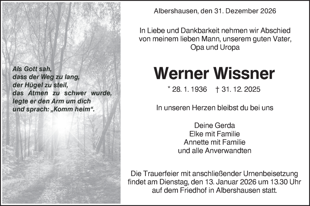  Traueranzeige für Werner Wissner vom 07.01.2026 aus NWZ Neue Württembergische Zeitung