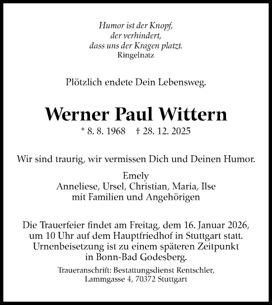 Traueranzeige von Werner Paul Wittern von Schwäbische Tagblatt
