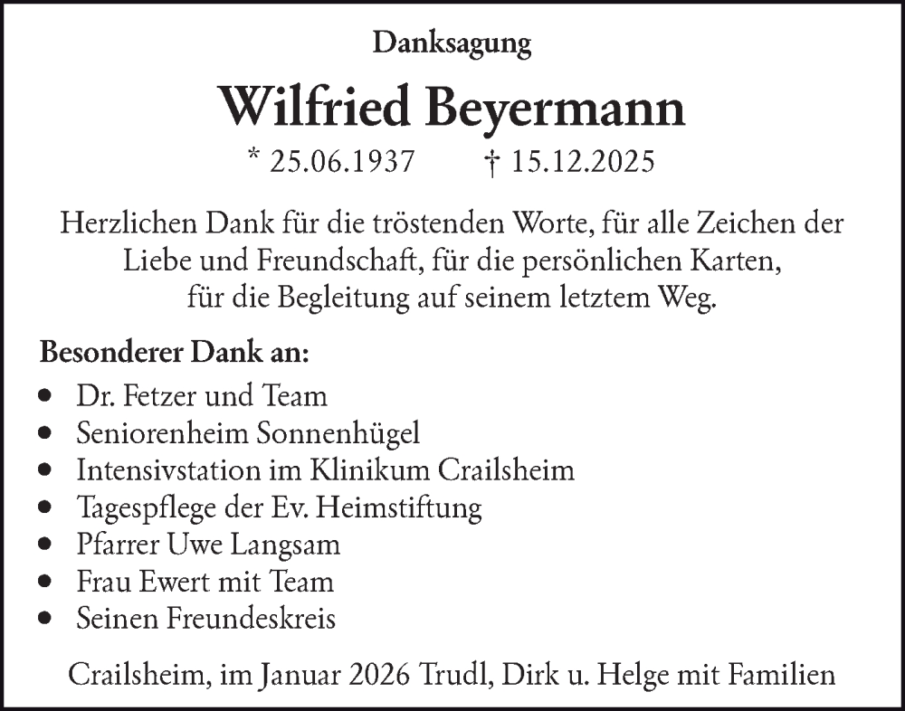  Traueranzeige für Wilfried Beyermann vom 17.01.2026 aus Hohenloher Tagblatt
