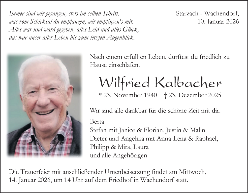  Traueranzeige für Wilfried Kalbacher vom 10.01.2026 aus Schwäbische Tagblatt