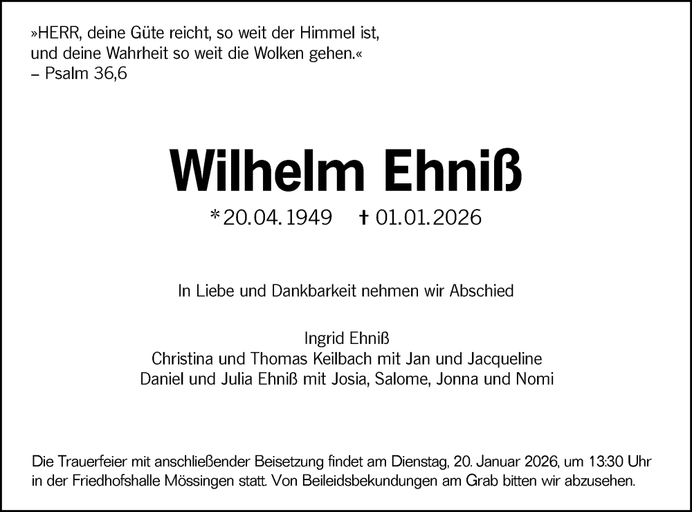  Traueranzeige für Wilhelm Ehniß vom 16.01.2026 aus Schwäbische Tagblatt
