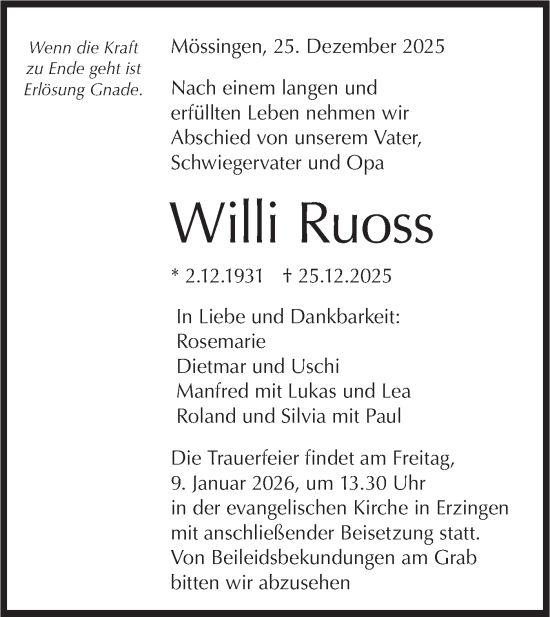 Traueranzeige von Willi Ruoss von Schwäbische Tagblatt