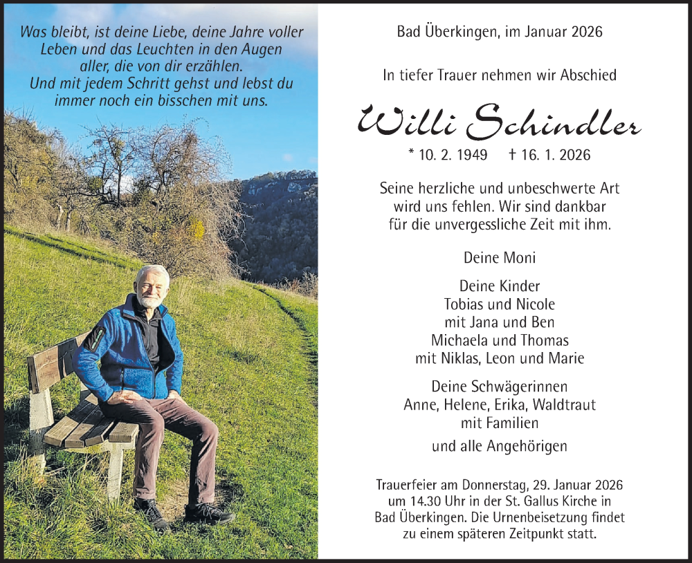  Traueranzeige für Willi Schindler vom 24.01.2026 aus Geislinger Zeitung