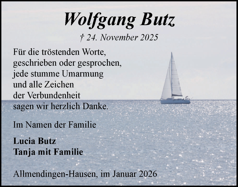  Traueranzeige für Wolfgang Butz vom 10.01.2026 aus Ehinger Tagblatt