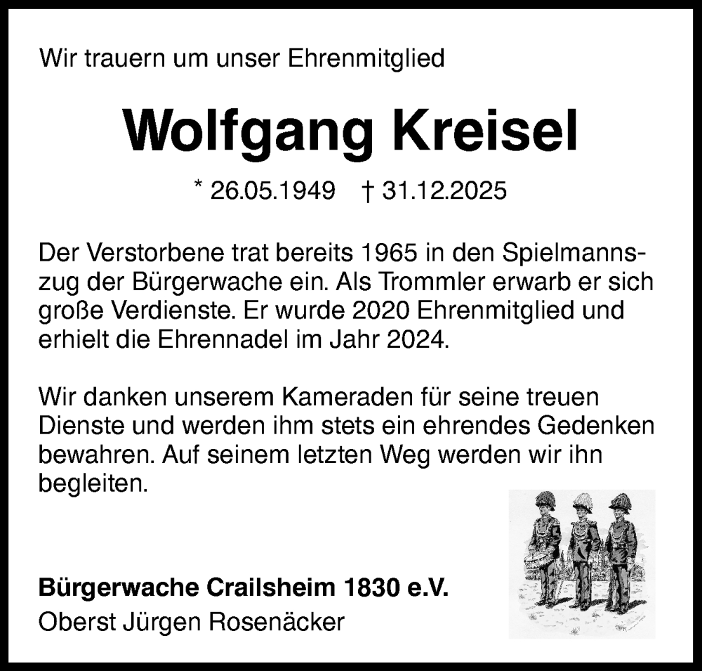  Traueranzeige für Wolfgang Kreisel vom 17.01.2026 aus Hohenloher Tagblatt