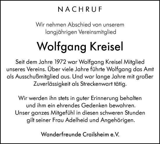 Traueranzeige von Wolfgang Kreisel von Hohenloher Tagblatt