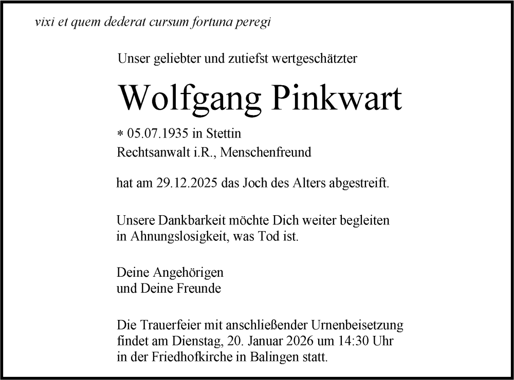  Traueranzeige für Wolfgang Pinkwart vom 17.01.2026 aus SÜDWEST PRESSE Zollernalbkreis/Hohenzollerische Zeitung