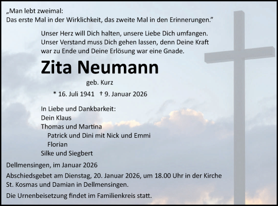 Traueranzeige von Zita Neumann von SÜDWEST PRESSE Ausgabe Ulm/Neu-Ulm